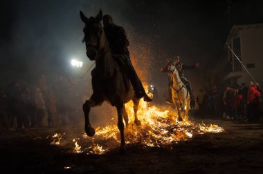 Hayvanlarda Ocak tarihinde San Bartolom de Pinares, il Avila, İspanya, şehirde gerçekleştirilen kutlama ruhunu arındırmak için bir gelenek olarak şenlik geçerken at 
