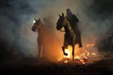 Hayvanlarda Ocak tarihinde San Bartolom de Pinares, il Avila, İspanya, şehirde gerçekleştirilen kutlama ruhunu arındırmak için bir gelenek olarak şenlik geçerken at 