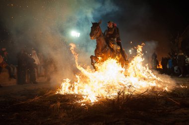 Hayvanlarda Ocak tarihinde San Bartolom de Pinares, il Avila, İspanya, şehirde gerçekleştirilen kutlama ruhunu arındırmak için bir gelenek olarak şenlik geçerken at 