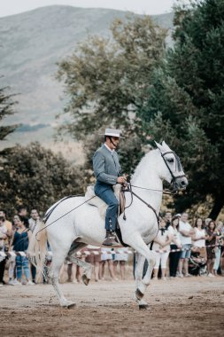 31 Ağustos 201 'de Serranillos, Avila, İspanya' da düzenlenen sergide, atının binicisi, onunla dans ediyor ve binicilik yapıyordu.