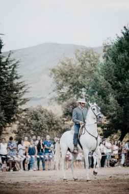 31 Ağustos 201 'de Serranillos, Avila, İspanya' da düzenlenen sergide, atının binicisi, onunla dans ediyor ve binicilik yapıyordu.