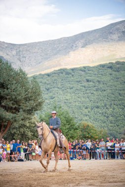 31 Ağustos 201 'de Serranillos, Avila, İspanya' da düzenlenen sergide, atının binicisi, onunla dans ediyor ve binicilik yapıyordu.