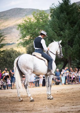 31 Ağustos 201 'de Serranillos, Avila, İspanya' da düzenlenen sergide, atının binicisi, onunla dans ediyor ve binicilik yapıyordu.
