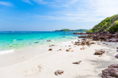 Tropik ada ıssız sahilde. Manzara arka plan