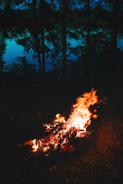 Burning Bonfire Riverbank Dawn — Stock Photo, Image