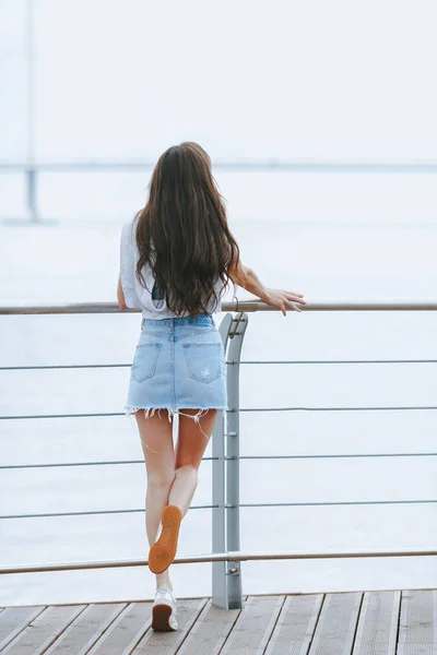 年轻迷人的女人站在她的背部在海滨长廊 生活方式概念 — 图库照片