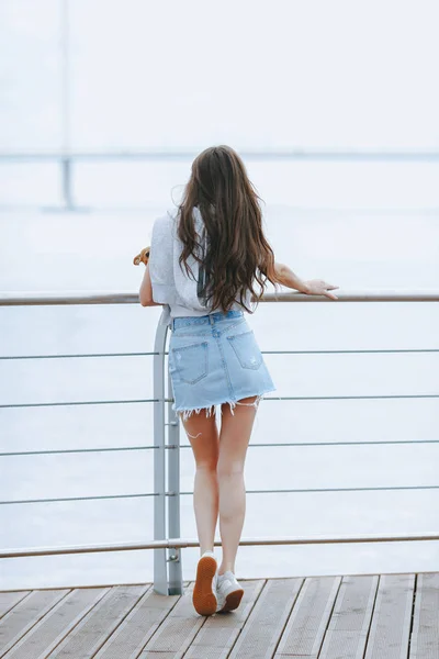 年轻迷人的女人站在她的背部在海滨长廊 生活方式概念 — 图库照片