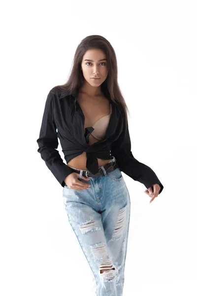 Jeune Fille Cool Hipster Chemise Noire Jean Banane Bleue Sur — Photo