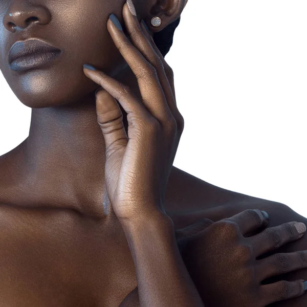 Paume Les Lèvres Jeune Belle Femme Noire Avec Une Peau — Photo