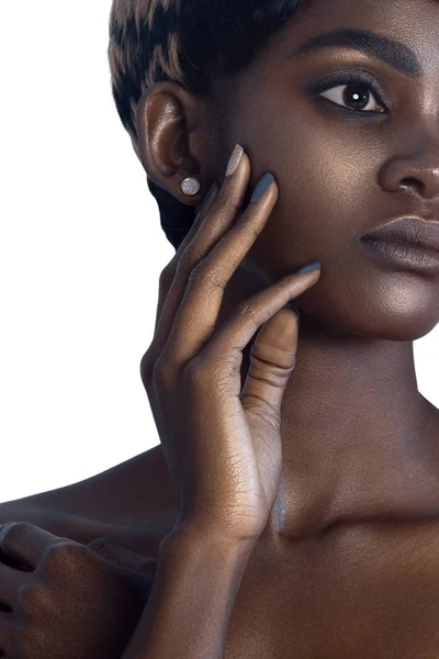 Mulher Negra Bonita Nova Com Maquiagem Pele Perfeita Limpa Retrato — Fotografia de Stock