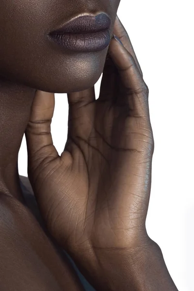 Palma Lábios Jovem Bela Mulher Negra Com Pele Perfeita Limpa — Fotografia de Stock