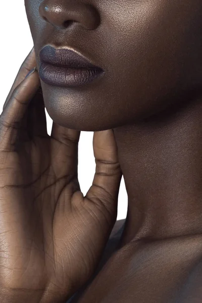 Palm Lips Young Beautiful Black Woman Clean Perfect Skin Close — Stock Photo, Image