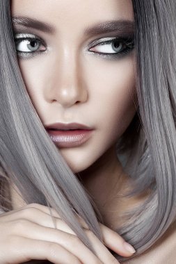 Gümüş makyajlı ve kül saçlı güzel bir kız. Güzellik portresi.