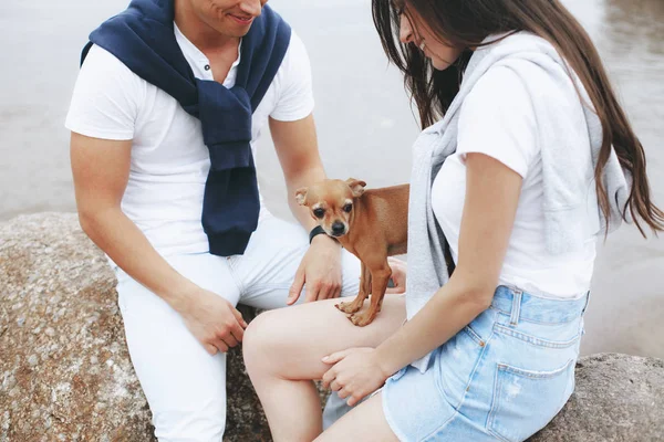 Dog sits on lap of loving couple on sea promenade. Lifestyle and pets