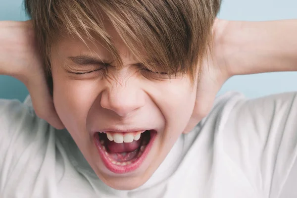 Screaming Boy Closes His Eyes Ears Protest Emotion Concept — Stock Photo, Image