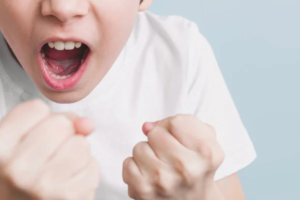 Junge Schreit Und Droht Scherzhaft Mit Fäusten Kampfhaltung Emotionales Konzept — Stockfoto