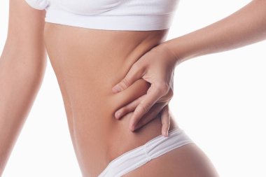 Kadın yağ yüzdesini gösterir. Beyaz izole. Fitness, kilo kaybı ve vücut bakımı