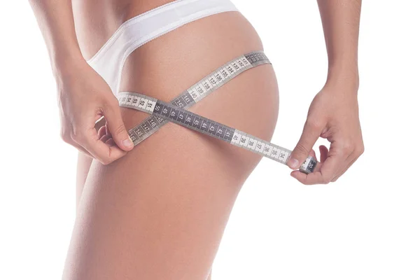 Giirl Measures Circumference Thighs Isolated White Fitness Weight Loss Body — Stock Photo, Image