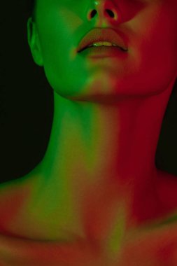 Yeşil ve kırmızı neon aydınlatma ile genç güzel kız. Güzellik yakın çekim portre