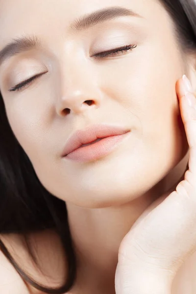 Young Beautiful Woman Closed Eyes Does Self Massage Face Beauty — Stock Photo, Image