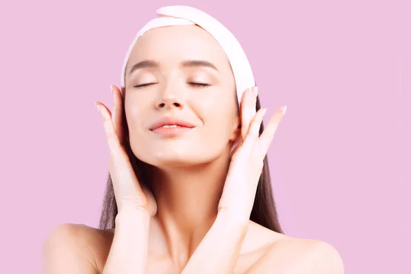 Young Beautiful Woman Closed Eyes Does Self Massage Face Pink — Stock Photo, Image