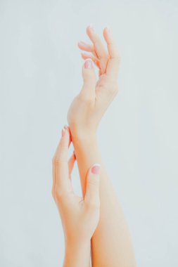 Gri arka planda Fransız manikürlü kadın elleri. Masaj, krem sürme