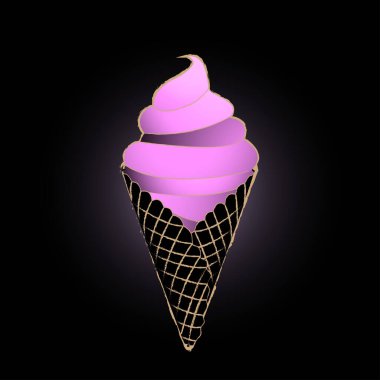 Pembe katlı çilekli dondurma siyah bukle kömür waffle külahı beyaz arka planda.