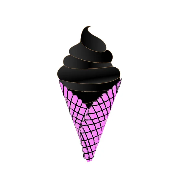 Carvão Sorvete Cone Waffle Rosa Fundo Branco — Vetor de Stock