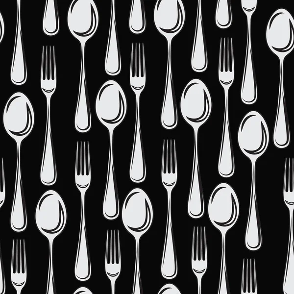 无缝图案 用叉子在黑色背景上的刀叉餐具 — 图库矢量图片