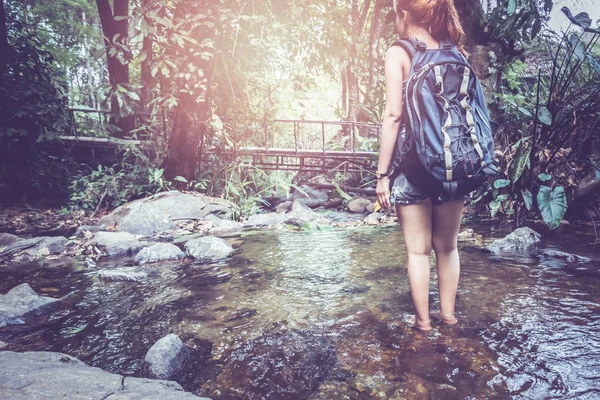 Mulher viajantes viajar natureza Florestas, relaxar jogar cachoeira — Fotografia de Stock