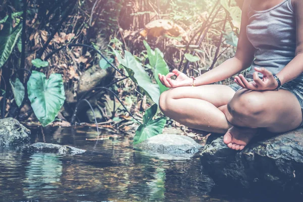 Nő ázsiai utazók utazás természet Erdők vízesés. Meditálj. — Stock Fotó