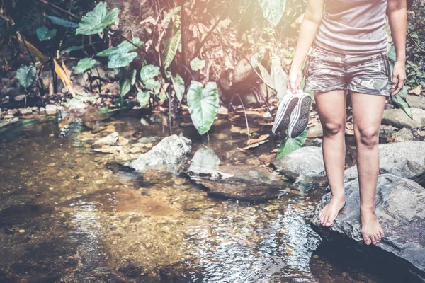 Viaggiatori donna viaggiare natura Foreste, relax gioco cascata — Foto Stock