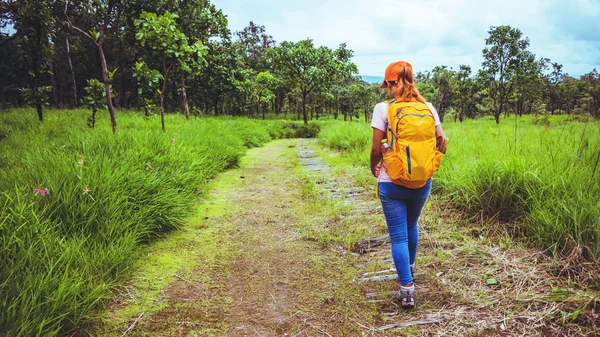 Mulher asiática viajar natureza. Descontrai. Caminhe estudar o caminho — Fotografia de Stock