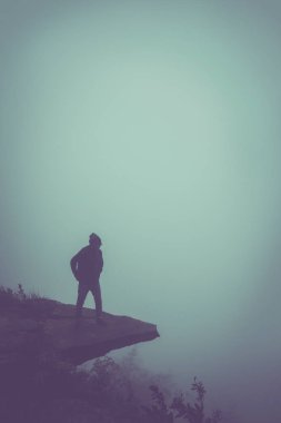 Adam seyahat zengin bir orman dağı üzerinde bir uçurumun üzerinde duruyor. Asya