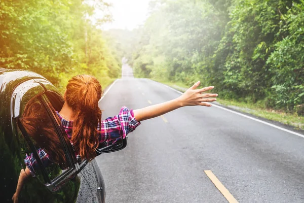 Asian women travel relax in the holiday. driving a car traveling — Stock Photo, Image