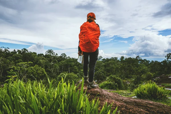 Woman asian travel nature. Travel relax. Walk study