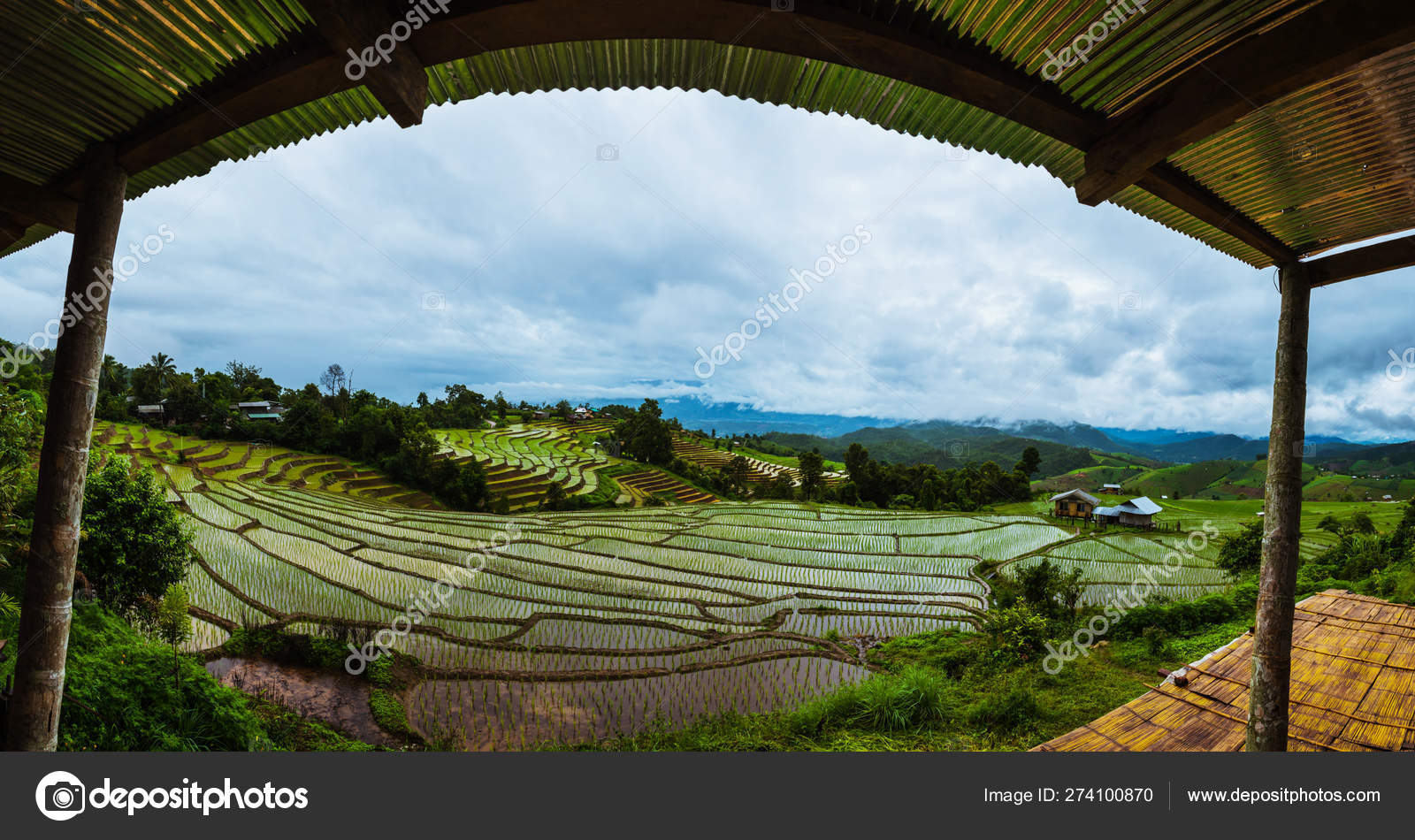 Пейзажное Поле На Горе. Во Время Сезона Дождей. Деревня В Сельской.