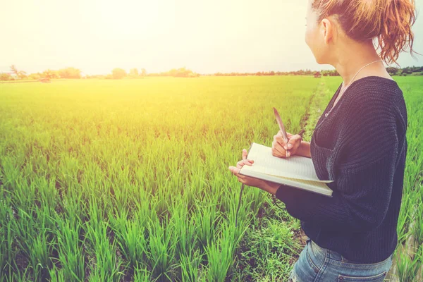 Asian women relax in the holiday. Write a study of natural garden. Asian woman travel nature. Travel relax. Travel green rice fields. read a book, education, Write a note. travel Thailand, countryside.