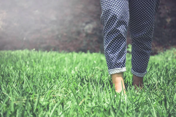 走在绿色草地上的妇女的腿。一个在草地上行走的女孩的脚。旅行， 自然， 放松. — 图库照片