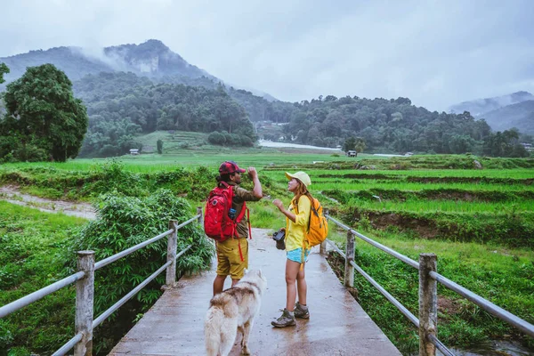 Amante asiático homem asiático mulheres viajar natureza. Caminhando uma foto do campo de arroz e parar fazer uma pausa relaxar na ponte na proibição mae klang luang na estação chuvosa . — Fotografia de Stock