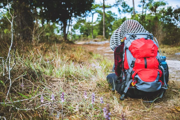 Fotografo donna asiatica Fotografia itinerante Natura. viaggio relax nella passeggiata vacanza nella foresta. viaggio relax in vacanza. Tailandia — Foto Stock