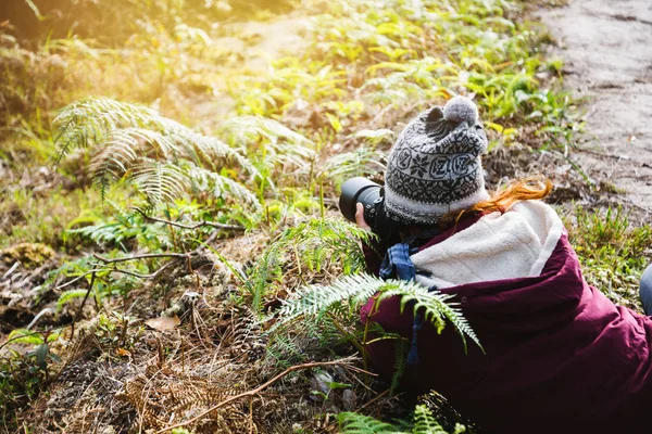 Fotograf Asian Woman podróżowanie Fotografia natura. podróży zrelaksować się w spacerze w lesie. podróży relaks w wakacje. Tajlandia — Zdjęcie stockowe