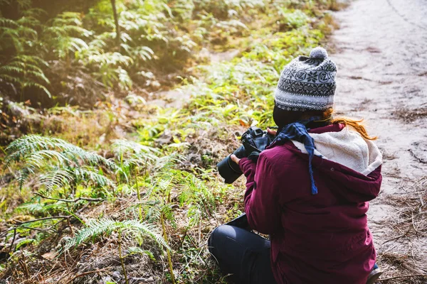 Fotograf Asian Woman podróżowanie Fotografia natura. podróży zrelaksować się w spacerze w lesie. podróży relaks w wakacje. Tajlandia — Zdjęcie stockowe