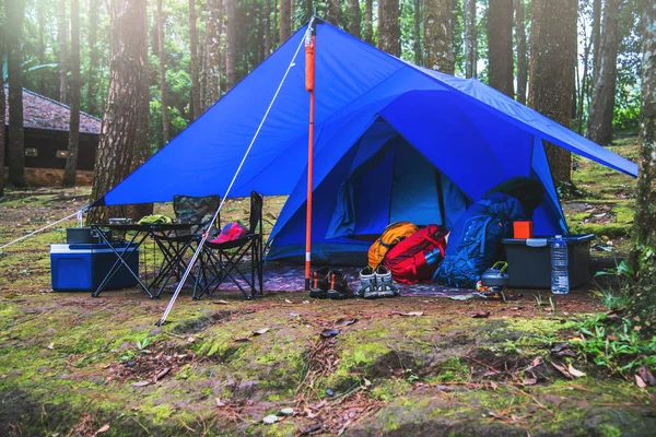 Reis ontspannen in de vakantie. Kamperen op de berg. Kampeer accessoires, tent, berg, Camping, platteland, bos, natuur, buitenshuis, vakantie, ontspannen, reizen, de zomer, reizen Thailand. — Stockfoto