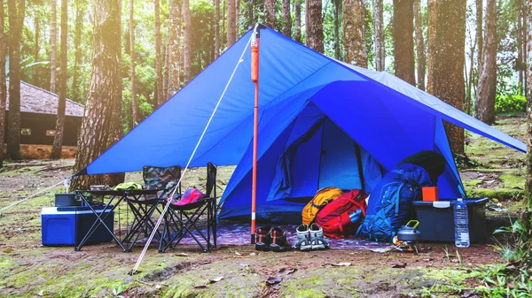 Utazás pihenni az ünnepen. Camping a hegyen. Kemping kiegészítők, sátor, hegy, kemping, vidék, erdő, természet, Outdoor, nyaralás, Relax, utazás, nyár, utazás Thaiföld. — Stock Fotó