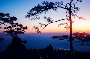 İnsanlar sabahları Sunrise'ı izliyor. Turistler tatilde rahatlarlar. insanlar arasında sabah gündoğumu fotoğraf. Tayland