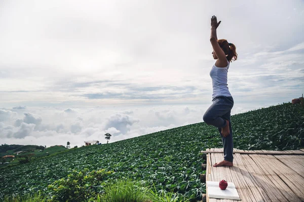 Donna viaggiatori Asia viaggiare. Gioca se lo yoga. phetchabun phutubberg thailand — Foto Stock
