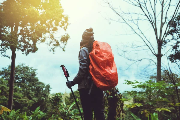 Asiatico donna viaggio natura. Viaggia rilassati. Zaino a piedi nella foresta. escursioni in montagna. Tailandia — Foto Stock