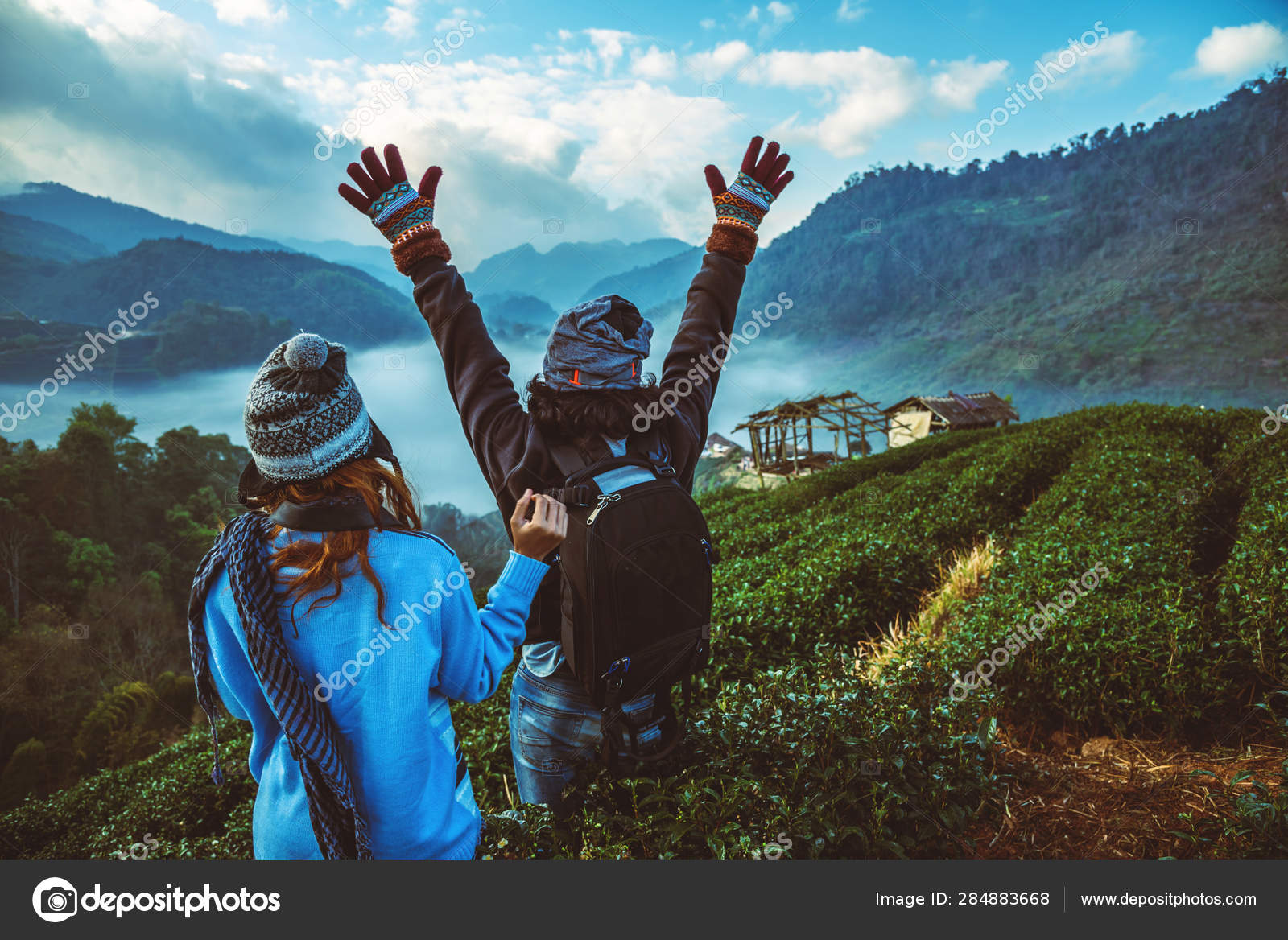 Lover Couple Woman And Man Asian Travel Nature. Travel Relax.