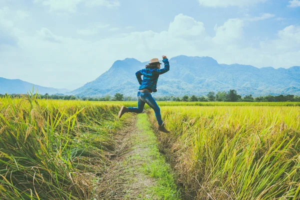 Azjata podróżuje zrelaksować się w wakacje. Skocz naturalne pole górskie dotyku. Skok stanąć zadowolony ryż środkowego pola. Tajlandia — Zdjęcie stockowe